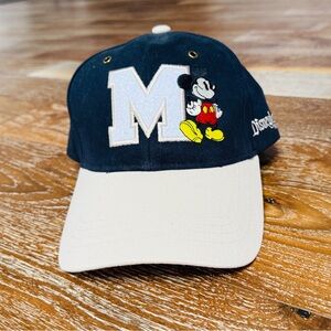 Disneyland Mickey Mouse Big M Baseball Hat Cap. Dark Blue and Cream Strap Back